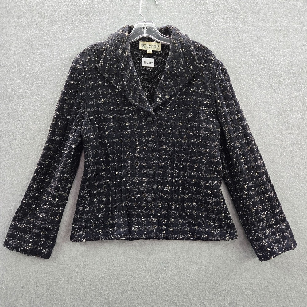 St. John Women Jacket 10 Black Houndstooth Blazer Tweed Knit Long Sleeve